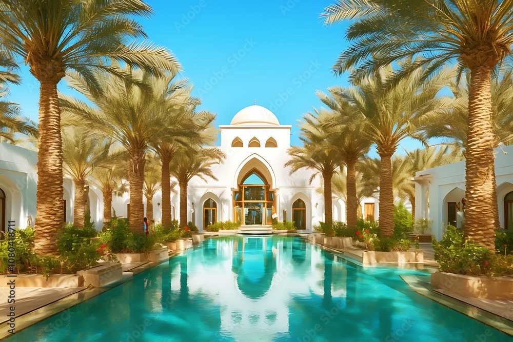 Naklejka premium A white building with a pool and palm trees in a tropical resort