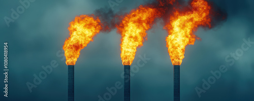 Natural gas extraction facility with visible gas flares, Industrial smoke stacks releasing flames into the sky, symbolizing pollution and environmental challenges.