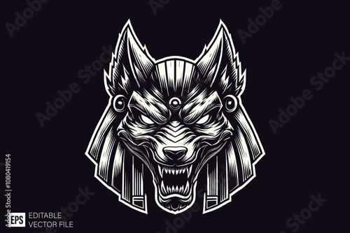 wolf egyptian art anubis head dark art style vector design black and white illustration