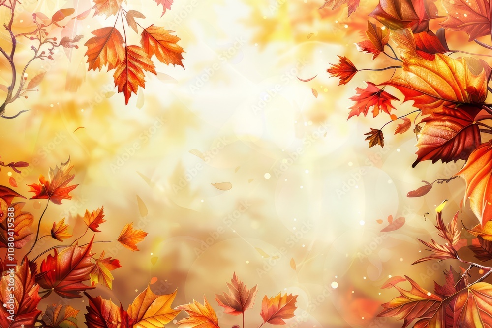 A beautiful autumn scene with a yellow background and orange leaves. The leaves are scattered all over the background A beautiful autumn scene with a yellow background and orange leaves. The leaves are scattered all over the background