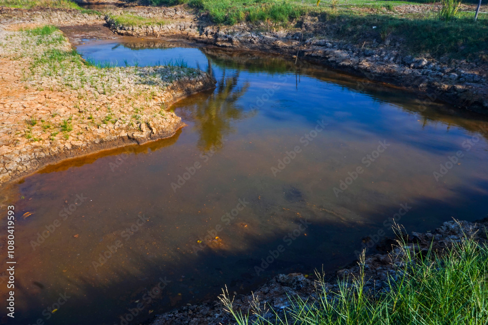 Fish pond in the dry season on a sunny day Fish pond in the dry season on a sunny day