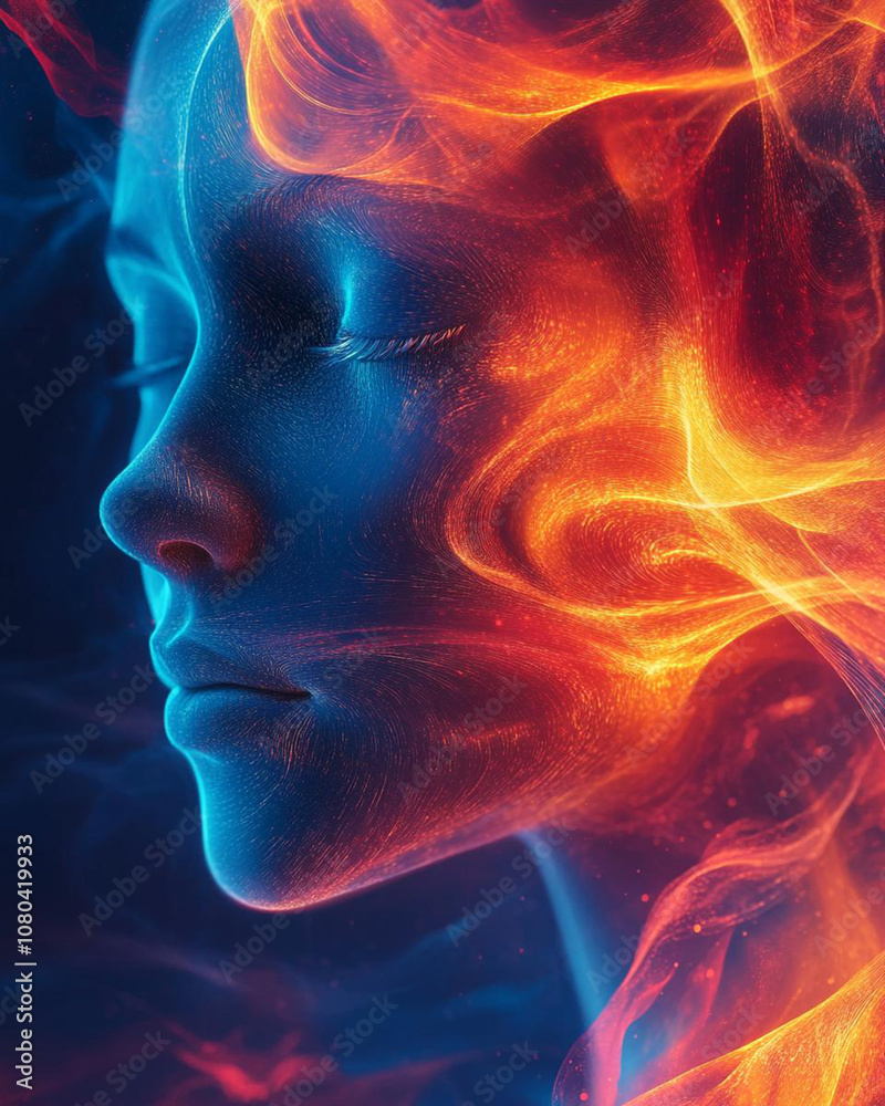 Frontal view of a mind, colorful emotions swirling, digital abstraction, psychological themes Frontal view of a mind, colorful emotions swirling, digital abstraction, psychological themes