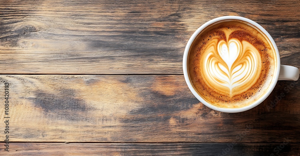 Cappuccino coffee with latte art on a wooden table, top view, flat lay background. Generative AI Cappuccino coffee with latte art on a wooden table, top view, flat lay background. Generative AI