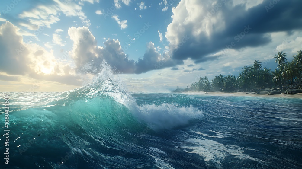 A serene beach scene with crashing waves and lush palm trees under a vibrant sky. A serene beach scene with crashing waves and lush palm trees under a vibrant sky.