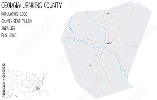 Large and detailed map of Jenkins County in Georgia, USA.
