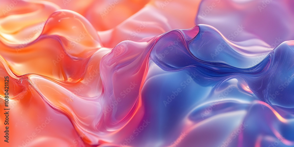 Fototapeta premium Abstract 3D Render of Flowing Liquid, Shimmering in Vibrant Hues of Orange, Pink, and Blue, Creating a Dreamlike and Surreal Aesthetic