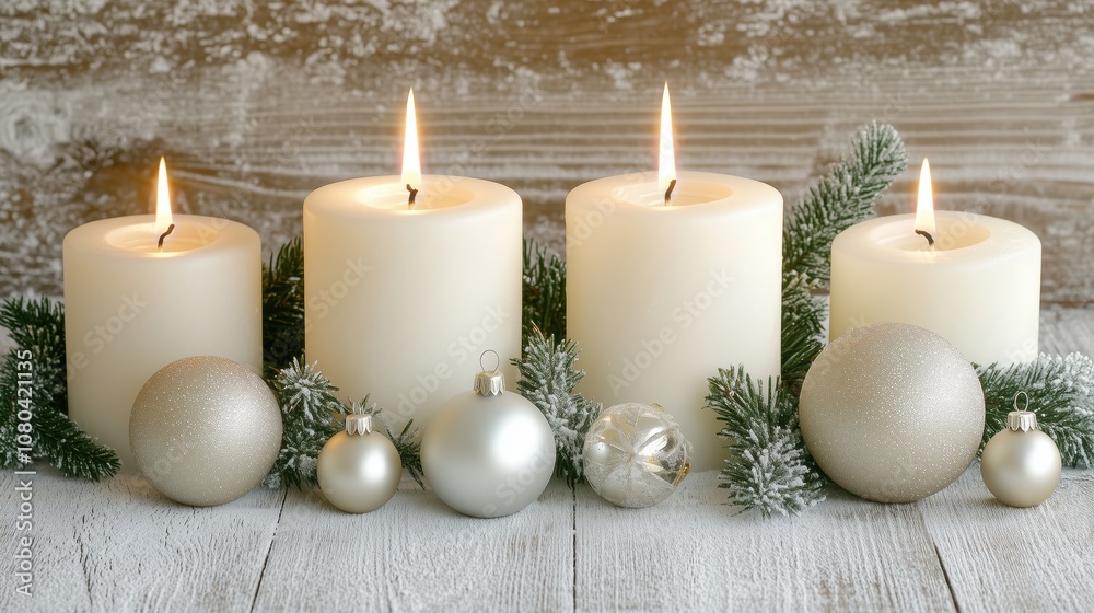 Four white candles with Christmas ornaments and pine branches, creating a cozy winter atmosphere. Four white candles with Christmas ornaments and pine branches, creating a cozy winter atmosphere.