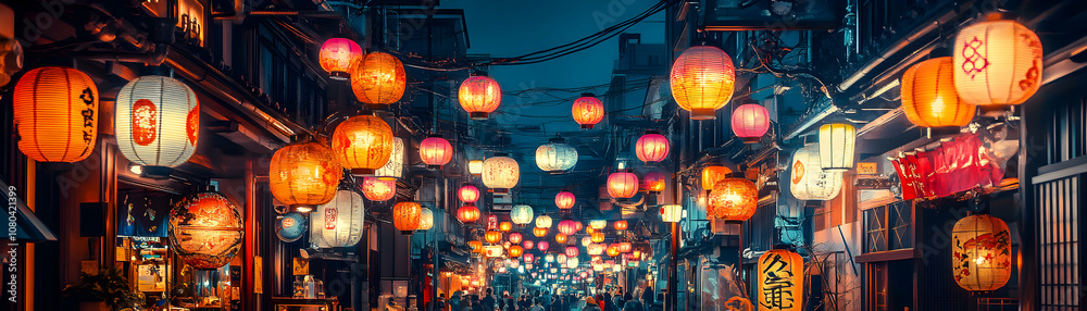 Vibrant Lanterns Illuminate a Narrow Street in a Traditional Japanese City at Night Vibrant Lanterns Illuminate a Narrow Street in a Traditional Japanese City at Night