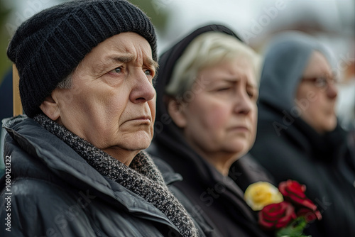 Mourners standing together by a grave with solemn expressions