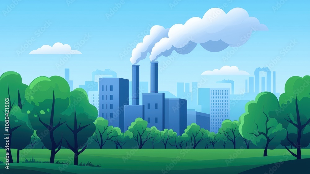 Fototapeta premium Industrial landscape with smokestacks and greenery