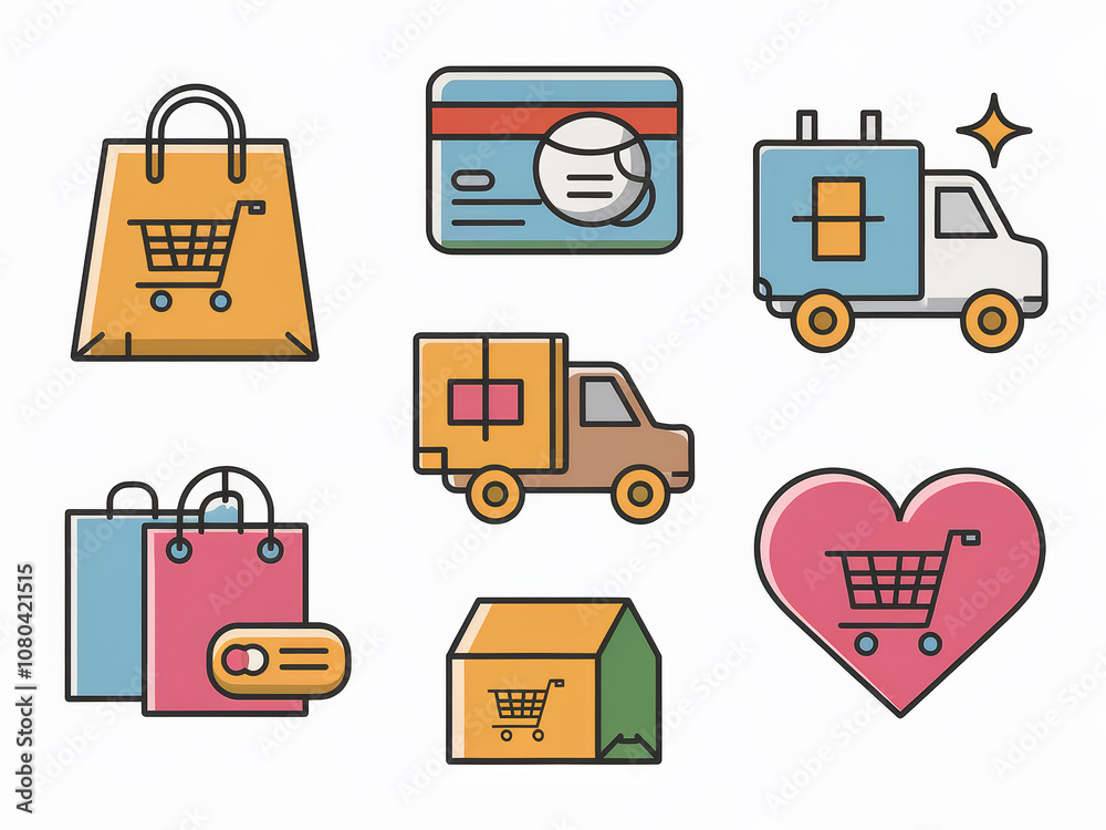 E-commerce icons: shopping, delivery, and payment symbols for online retail E-commerce icons: shopping, delivery, and payment symbols for online retail
