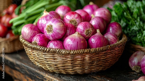 A basket filled with vibrant red onions on a rustic wooden surface.