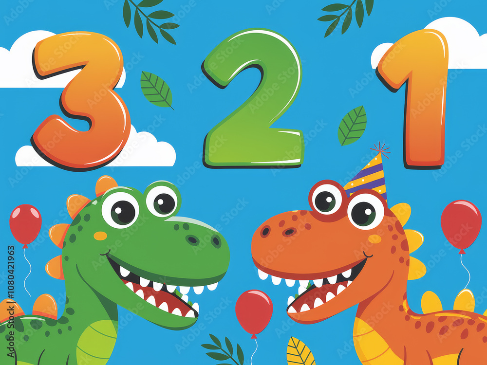 Naklejka premium Colorful dinosaur party countdown with balloons and leaves