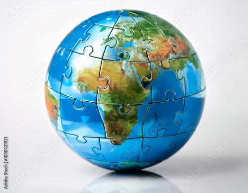 A globe made of puzzle pieces, Earth isolated on white background.