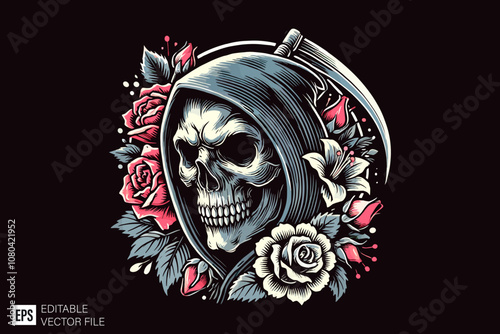 grim reaper illustration dark art style vector design black and white illustration