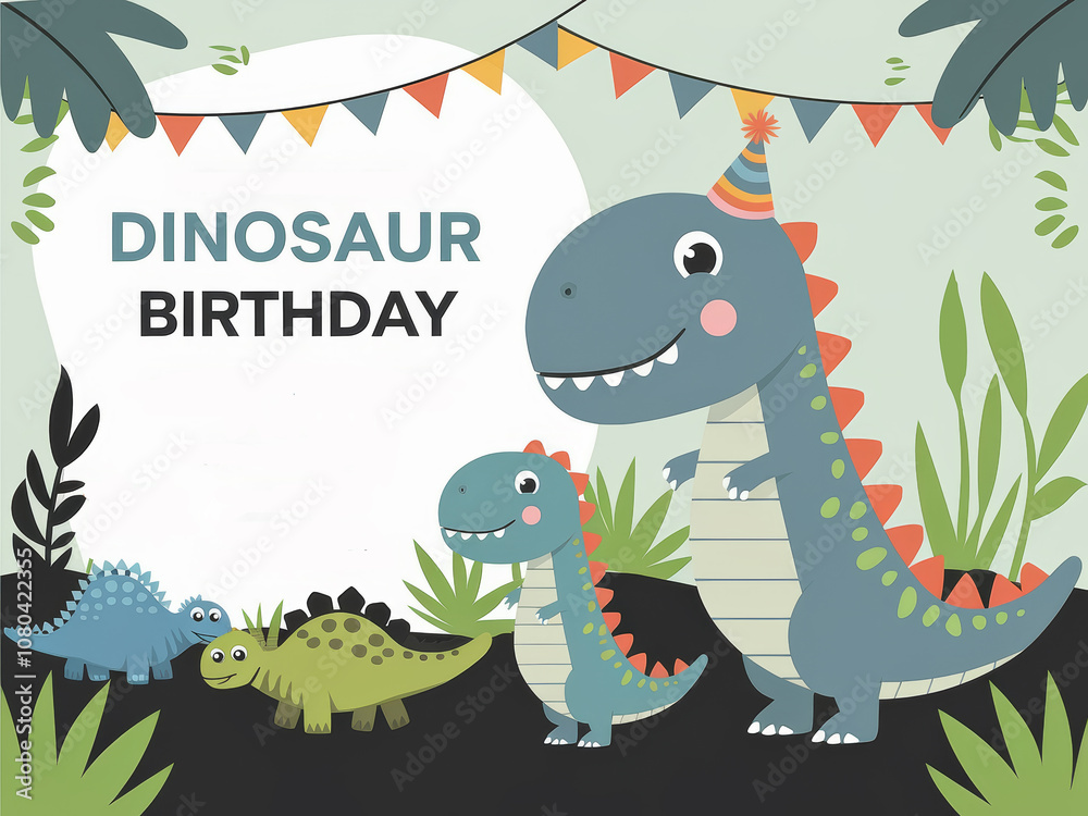 Naklejka premium Dinosaur birthday celebration with cute drawn dinosaurs and festive decorations
