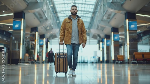 Wallpaper Mural Modern traveler in casual attire standing with suitcase in bright airport terminal. Portrait showcases contemporary travel lifestyle with warm tan jacket and clean architectural background Torontodigital.ca