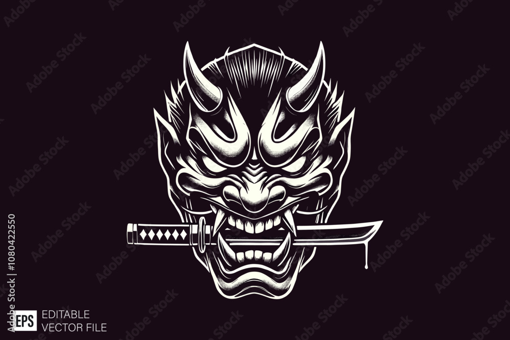 scary oni mask head dark art style vector design black and white illustration scary oni mask head dark art style vector design black and white illustration