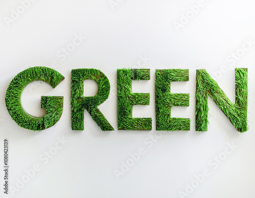 A  white background is adorned with the word GREEN crafted from natural grass, symbolizing environmental consciousness.