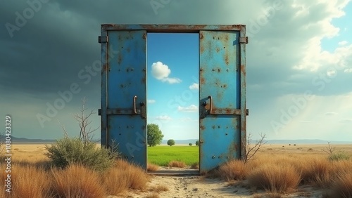 Surreal digital image, old blue metal door, barren landscape, lush meadow