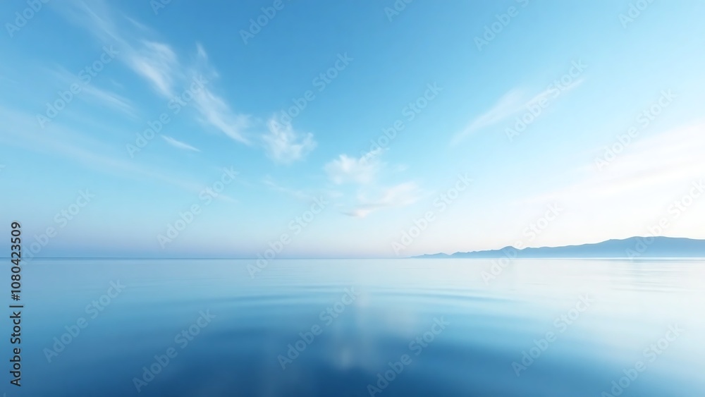 Tranquil seascape at dawn or dusk, calm body of water, blue sky, wispy clouds, mountain outline Tranquil seascape at dawn or dusk, calm body of water, blue sky, wispy clouds, mountain outline