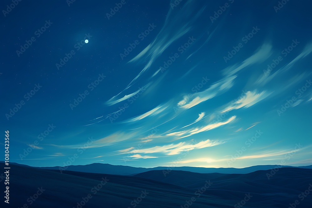 Silhouetted Mountain Range Under a Starry Sky with a Crescent Moon Silhouetted Mountain Range Under a Starry Sky with a Crescent Moon
