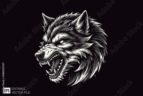 wolf head dark art style vector design black and white illustration