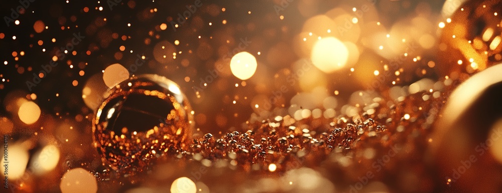 Golden Christmas ornament with warm bokeh lights. Golden Christmas ornament with warm bokeh lights.