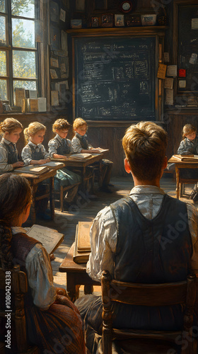 A Detailed Oil Painting Depicting a Classroom Scene with Children Sitting at Desks, Studying, and Listening Attentively to a Teacher