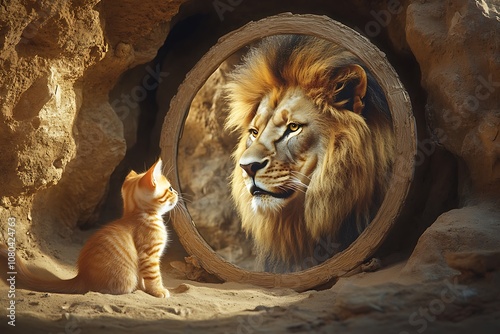 Kitten Seeing Its Reflection as a Lion, Symbolizing Inner Strength and Transformation