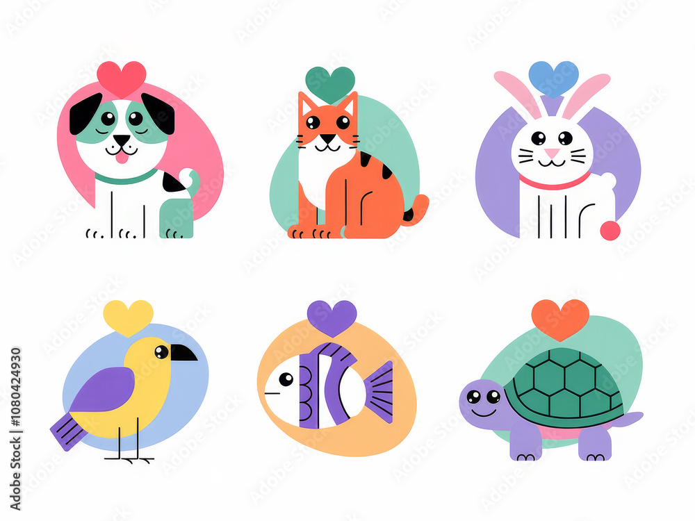 Naklejka premium Colorful animal icons: dog, cat, rabbit, bird, fish, turtle with hearts