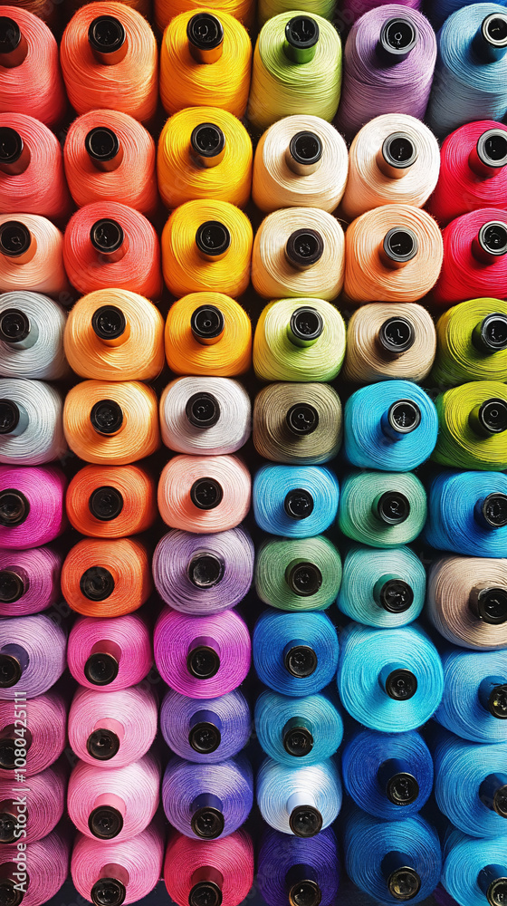 Fototapeta premium Row of vibrant thread spools creates a stunning rainbow gradient