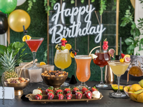 Vibrant birthday celebration with colorful cocktails and festive decor