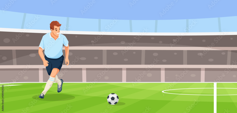 A soccer player runs toward a ball on a vibrant field. Vector illustration