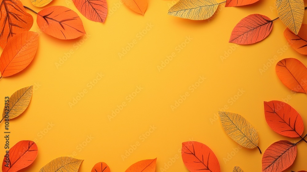 Obraz premium A vibrant arrangement of colorful autumn leaves on a bright yellow background, creating a warm and inviting seasonal vibe.