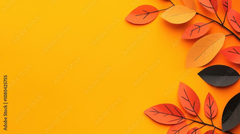 Fototapeta premium A vibrant arrangement of autumn leaves in shades of orange and red against a bright yellow background, evoking the warmth of fall.