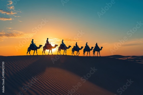 Silhouette of camel caravan at sunset in sahara desert, symbolizing adventure and travel