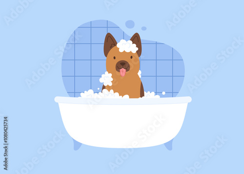 Shepherd dog taking a bath with shampoo. Cartoon vector dog washing in bathroom.