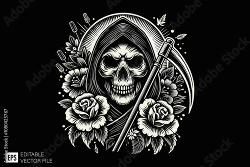 grim reaper illustration dark art style vector design black and white illustration