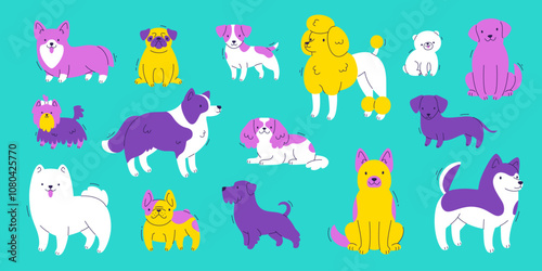Colorful dog breeds set. Cartoon vector dogs collection. Bright funny dogs bundle.