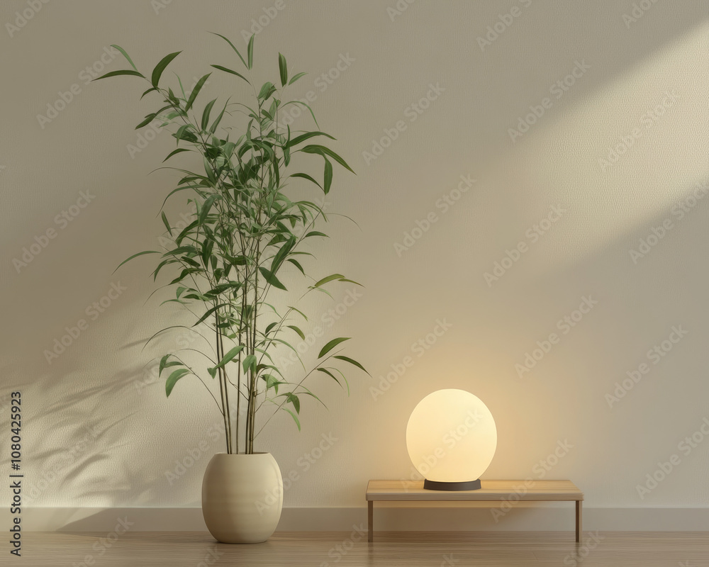 Minimalist Nightstand with Ceramic Lamp Against Plain White Wall for Modern Decor Minimalist Nightstand with Ceramic Lamp Against Plain White Wall for Modern Decor