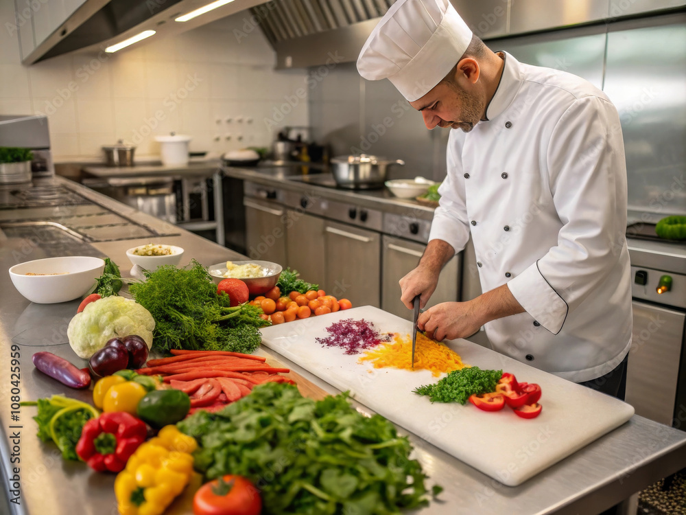 Chef preparing colorful vegetables in a professional kitchen Chef preparing colorful vegetables in a professional kitchen
