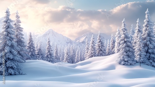 Happy New Year Winter Landscape – Frosty Snowy Hills and Fir Trees in Seasonal 3D Illustration