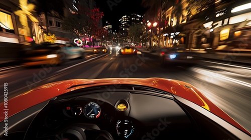 A dynamic view from inside a sports car speeding through a vibrant city at night.