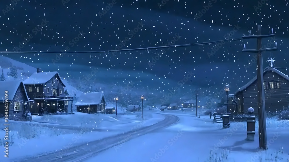 Fototapeta premium Snowy Night Scene with Houses and a Winding Road