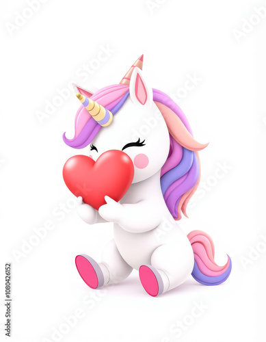 Adorable unicorn embracing heart with pastel mane and golden horn