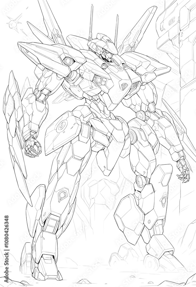 Line art of a futuristic robotic mech suit, detailed and complex, showcasing sci-fi technology with an emphasis on structure against a minimal background. Line art of a futuristic robotic mech suit, detailed and complex, showcasing sci-fi technology with an emphasis on structure against a minimal background.