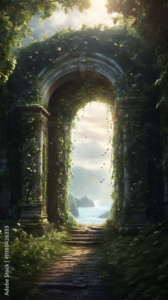 Fototapeta premium Ancient Stone Gate Covered in Ivy Revealing a Fantasy World – Magical Digital Illustration.