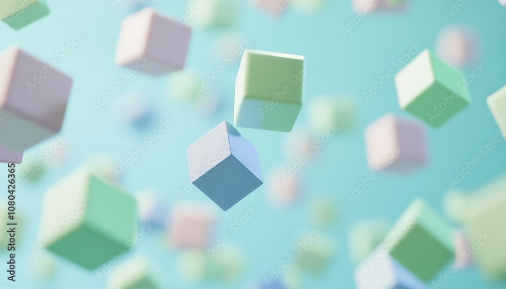 Minimalist animation of soft pastel cubes floating in mid air against a solid background Minimalist animation of soft pastel cubes floating in mid air against a solid background