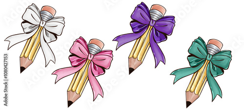 CUTE KAWAII HANDMADE ILLUSTRATION ON PENCILS IN DECORATED WITH BOWS 